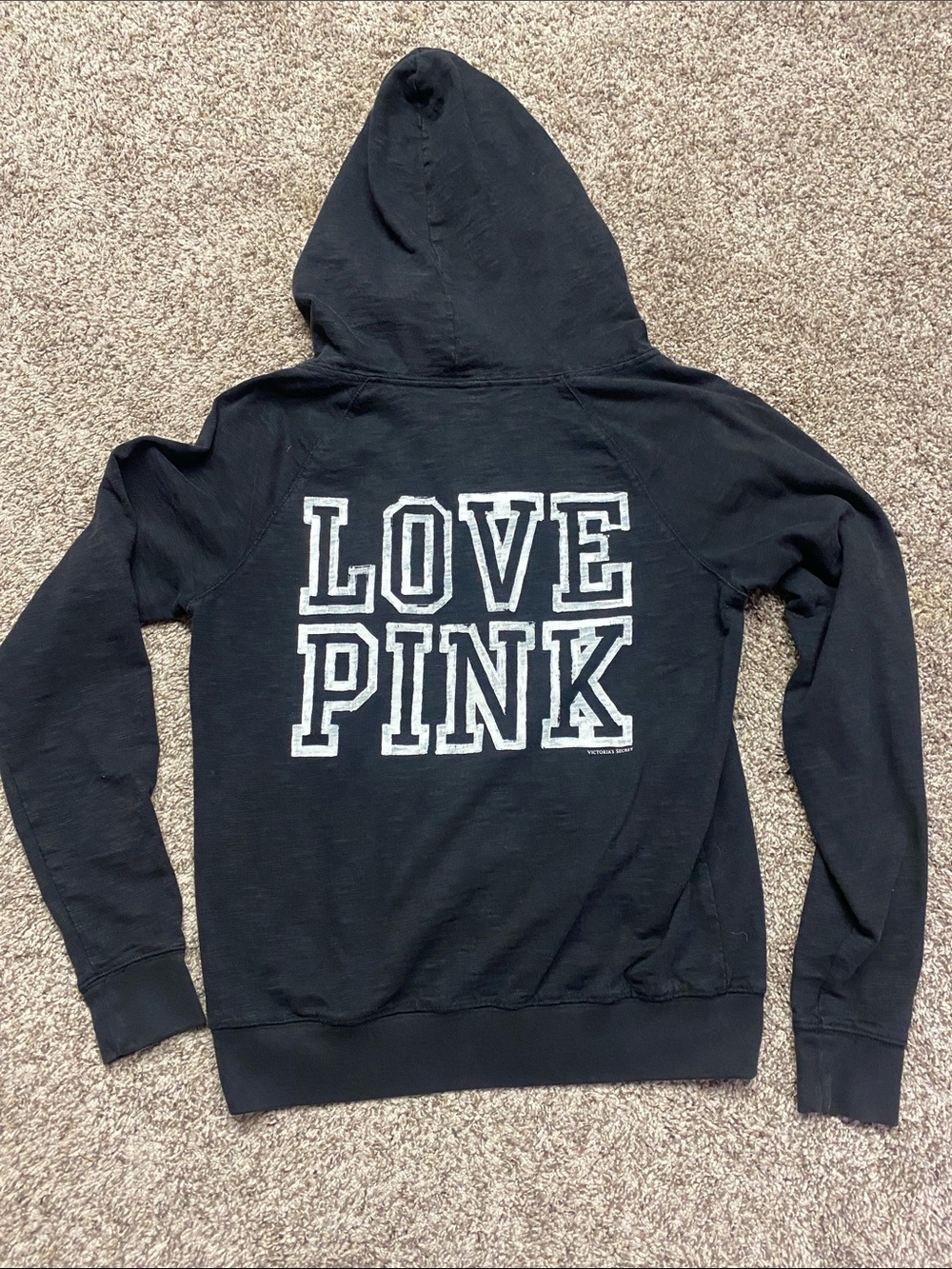 PINK Victoria's Secret Black Hoodie White "LOVE PINK" Print Size Small - 1522